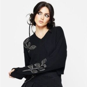 Disturbia Black V-Neck Sweater with Leaf Design